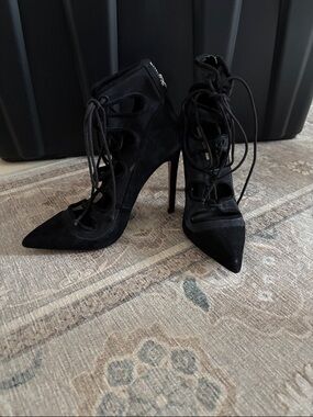 Black Lace-Up Pointed Toe Stiletto Heels